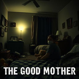 A disturbing and claustrophobic scene from a horror film titled 'The Good Mother', set in a dimly lit bedroom during the COVID pandemic