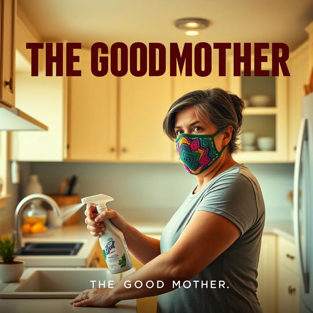 A film poster titled 'THE GOOD MOTHER' featuring a middle-aged Latina woman with an intense expression, wearing a colorful crochet mask, as she sprays Lysol on a kitchen counter