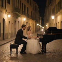 Zoom in on the scene to focus more on the couple. Even with the lively Italian street background, they are the main subject sitting at the piano, engaged in their music and each other under the warm classical street lamps during the night.