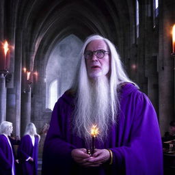 Albus Dumbledore, an iconic figure with twinkling blue eyes, long flowing white hair and beard, wearing his half-moon spectacles, purple robes, and a tall pointed hat; holding the Elder Wand in the grand setting of the Hogwarts Great Hall.