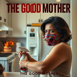 A film poster titled 'THE GOOD MOTHER' featuring a middle-aged Latina woman with an intense expression, wearing a colorful crochet mask, as she sprays Lysol on a kitchen counter