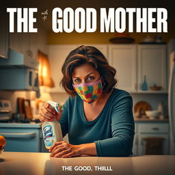 A film poster titled 'THE GOOD MOTHER' featuring a middle-aged Latina woman with an intense expression, wearing a colorful crochet mask, as she sprays Lysol on a kitchen counter