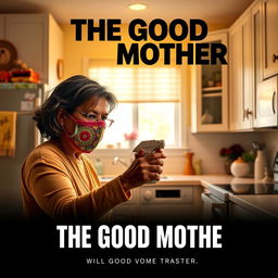 A film poster titled 'THE GOOD MOTHER' featuring a middle-aged Latina woman with an intense expression, wearing a colorful crochet mask, as she sprays Lysol on a kitchen counter