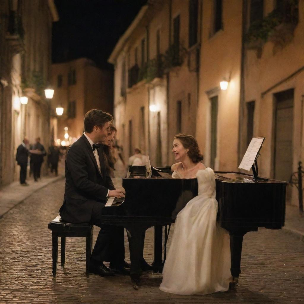 Zoom in on the scene to focus more on the couple. Even with the lively Italian street background, they are the main subject sitting at the piano, engaged in their music and each other under the warm classical street lamps during the night.