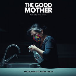 A film poster titled 'THE GOOD MOTHER' featuring a middle-aged Latina woman with a contemplative expression, wearing a colorful crochet mask, as she sprays Lysol on a kitchen counter in a dimly lit setting