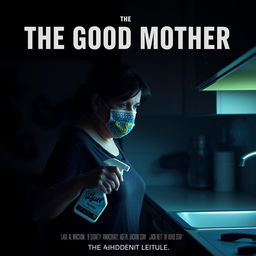 A film poster titled 'THE GOOD MOTHER' featuring a middle-aged Latina woman with a contemplative expression, wearing a colorful crochet mask, as she sprays Lysol on a kitchen counter in a dimly lit setting