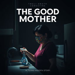 A film poster titled 'THE GOOD MOTHER' featuring a middle-aged Latina woman with a contemplative expression, wearing a colorful crochet mask, as she sprays Lysol on a kitchen counter in a dimly lit setting