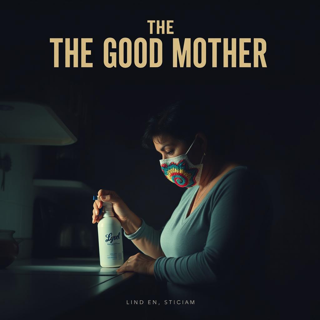 A film poster titled 'THE GOOD MOTHER' featuring a middle-aged Latina woman with a contemplative expression, wearing a colorful crochet mask, as she sprays Lysol on a kitchen counter in a dimly lit setting