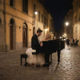 Zoom in on the scene to focus more on the couple. Even with the lively Italian street background, they are the main subject sitting at the piano, engaged in their music and each other under the warm classical street lamps during the night.