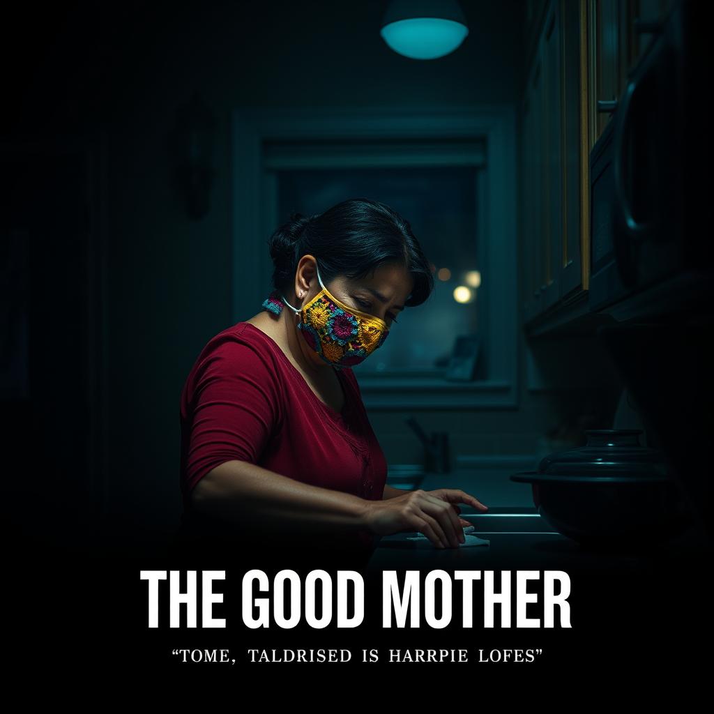 A film poster titled 'THE GOOD MOTHER' featuring a middle-aged Latina woman wearing a colorful crochet mask, intently cleaning a kitchen counter