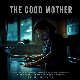 A film poster titled 'THE GOOD MOTHER' featuring a middle-aged Latina woman wearing a colorful crochet mask, intently cleaning a kitchen counter