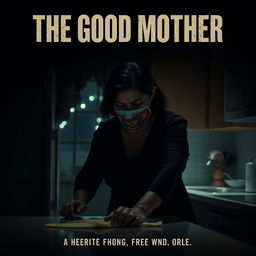 A film poster titled 'THE GOOD MOTHER' featuring a middle-aged Latina woman wearing a colorful crochet mask, intently cleaning a kitchen counter