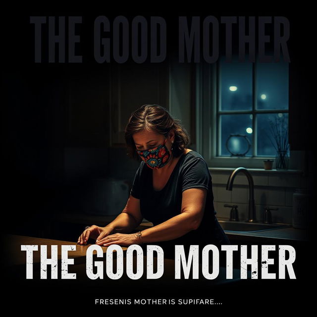 A film poster titled 'THE GOOD MOTHER' featuring a middle-aged Latina woman wearing a colorful crochet mask, intently cleaning a kitchen counter