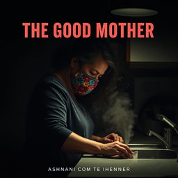 A film poster titled 'THE GOOD MOTHER' featuring a middle-aged Latina woman wearing a colorful crochet mask, engaged in cleaning a kitchen counter under a dim, atmospheric light