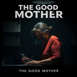 A film poster titled 'THE GOOD MOTHER' featuring a middle-aged Latina woman wearing a colorful crochet mask, engaged in cleaning a kitchen counter under a dim, atmospheric light