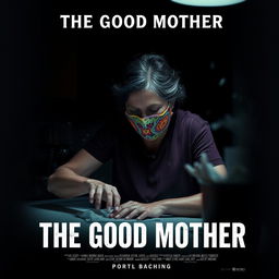 A film poster titled 'THE GOOD MOTHER' featuring a middle-aged Latina woman wearing a colorful crochet mask, engaged in cleaning a kitchen counter under a dim, atmospheric light