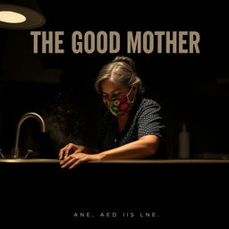 A film poster titled 'THE GOOD MOTHER' featuring a middle-aged Latina woman wearing a colorful crochet mask, engaged in cleaning a kitchen counter under a dim, atmospheric light