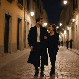 Update the image: the couple is now clad in trendy street fashion—hip, casual, and contemporary, reflective of popular Italian youth trends. The beautifully illuminated Italian night street scene persists, bathed in the warm glow from classical street lamps.