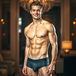 A handsome male model showcasing stylish and fashionable underwear in an elegant setting