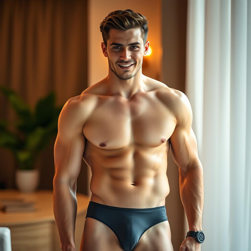 A handsome male model showcasing stylish and fashionable underwear in an elegant setting