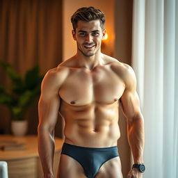 A handsome male model showcasing stylish and fashionable underwear in an elegant setting