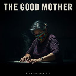 A film poster titled 'THE GOOD MOTHER' featuring a middle-aged Latina woman wearing a colorful crochet mask, cleaning a kitchen counter