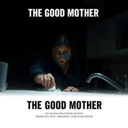 A film poster titled 'THE GOOD MOTHER' featuring a middle-aged Latina woman wearing a colorful crochet mask, cleaning a kitchen counter