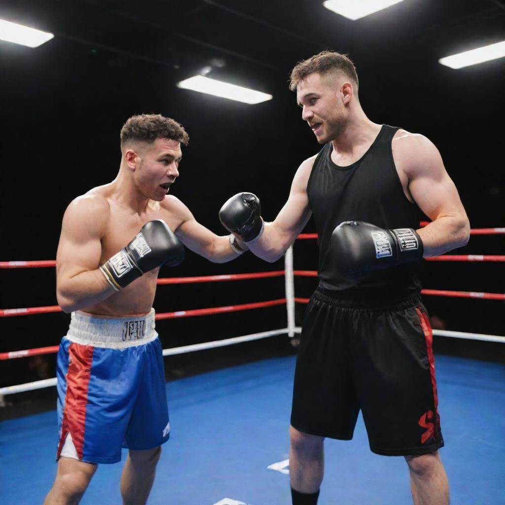 Ishowspeed, an athletic esports streamer, boxing with Kai Cenat, a comedic social media influencer, in a well-lit boxing ring. Both are equipped with professional boxing gear.