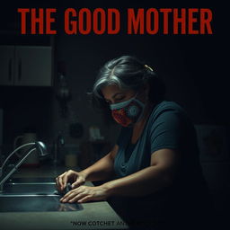 A film poster titled 'THE GOOD MOTHER' featuring a middle-aged Latina woman wearing a colorful crochet mask, cleaning a kitchen counter