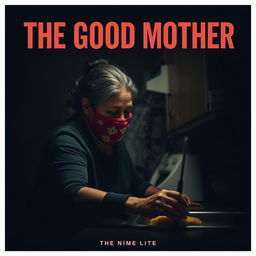 A film poster titled 'THE GOOD MOTHER' featuring a middle-aged Latina woman wearing a colorful crochet mask, cleaning a kitchen counter