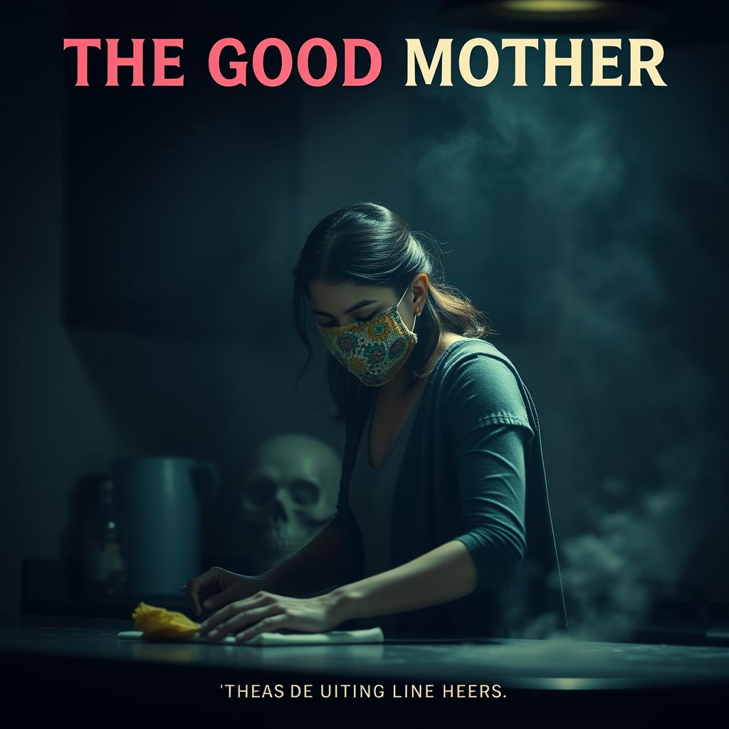 A film poster titled 'THE GOOD MOTHER' featuring a 38-year-old Latina woman wearing a colorful crochet mask, engaged in cleaning a kitchen counter