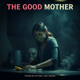 A film poster titled 'THE GOOD MOTHER' featuring a 38-year-old Latina woman wearing a colorful crochet mask, engaged in cleaning a kitchen counter