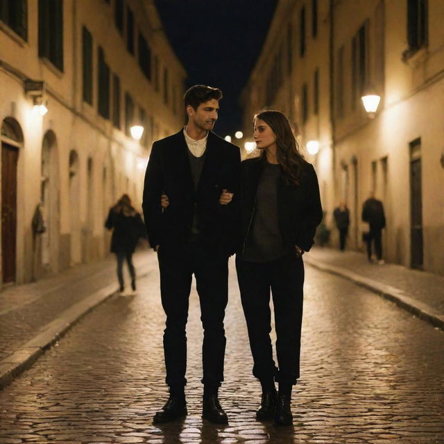 Update the image: the couple is now clad in trendy street fashion—hip, casual, and contemporary, reflective of popular Italian youth trends. The beautifully illuminated Italian night street scene persists, bathed in the warm glow from classical street lamps.