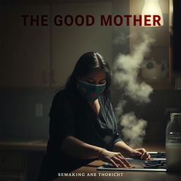 A film poster titled 'THE GOOD MOTHER' featuring a 38-year-old Latina woman wearing a colorful crochet mask, engaged in cleaning a kitchen counter