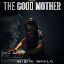 A film poster titled 'THE GOOD MOTHER' featuring a 38-year-old Latina woman wearing a colorful crochet mask, engaged in cleaning a kitchen counter