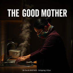 A film poster titled 'THE GOOD MOTHER' featuring a 38-year-old Latina woman wearing a colorful crochet mask, engaged in cleaning a kitchen counter