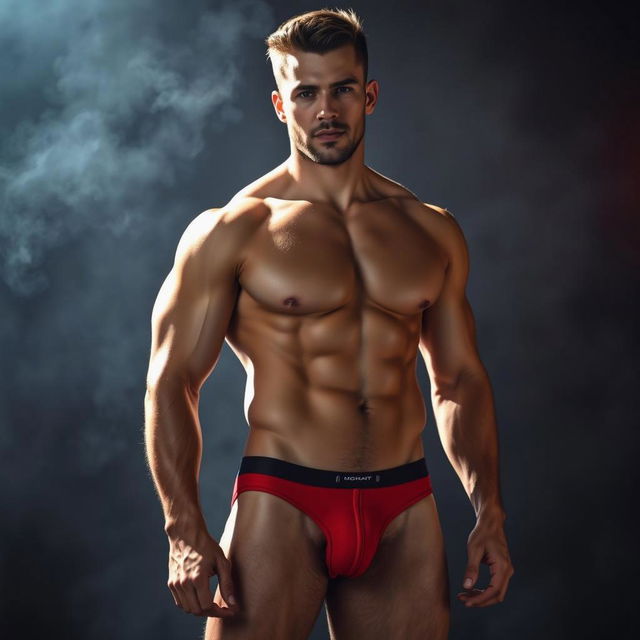 A muscular male model posing confidently in a well-lit studio with dramatic lighting