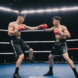 Ishowspeed, an athletic esports streamer, boxing with Kai Cenat, a comedic social media influencer, in a well-lit boxing ring. Both are equipped with professional boxing gear.