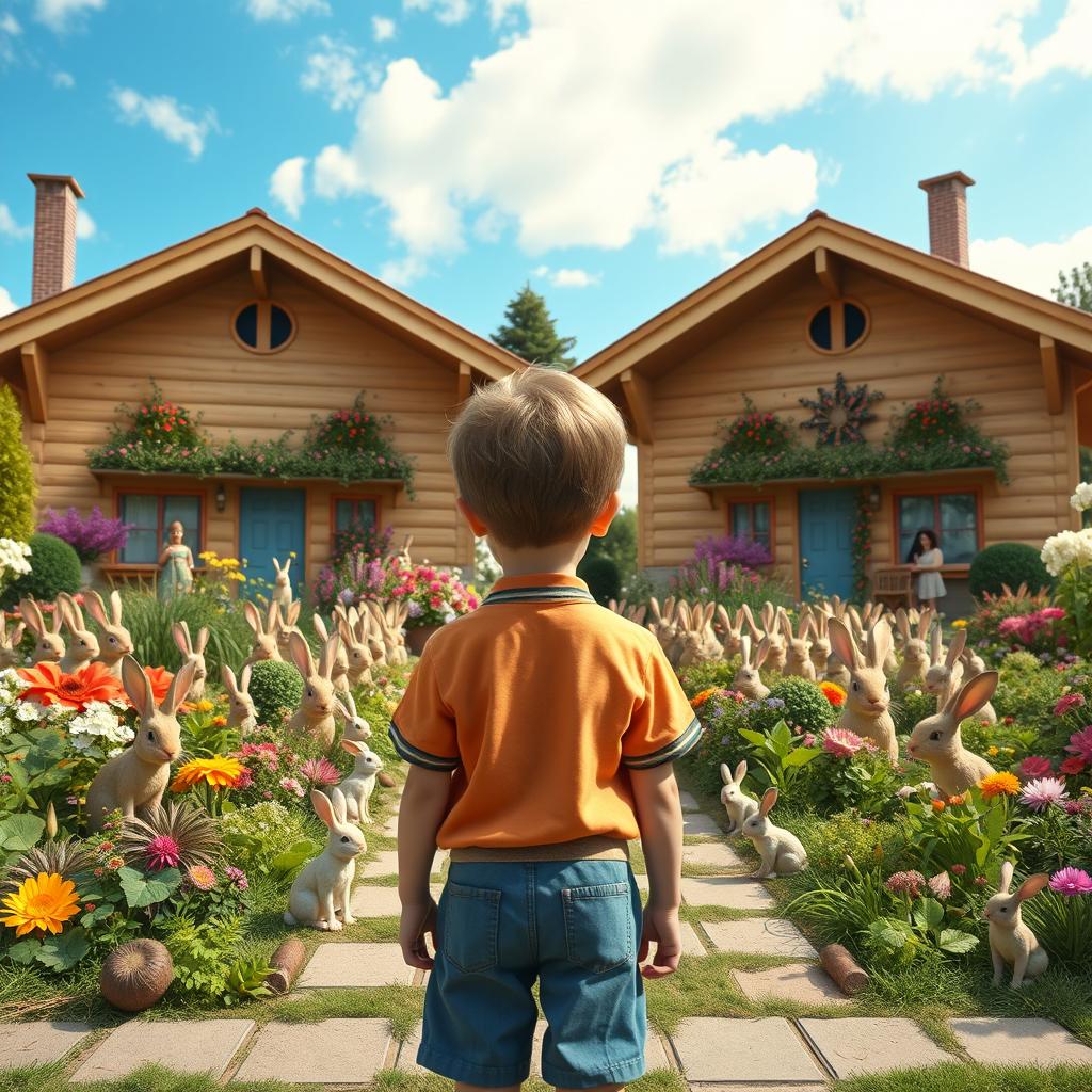 A surreal comedic scene featuring a young boy seen from the back, standing in front of two identical chalets that share a lush garden filled with a multitude of rabbits