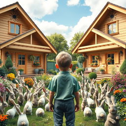 A surreal comedic scene featuring a young boy seen from the back, standing in front of two identical chalets that share a lush garden filled with a multitude of rabbits