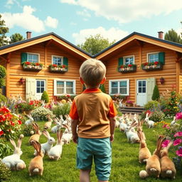 A surreal comedic scene featuring a young boy seen from the back, standing in front of two identical chalets that share a lush garden filled with a multitude of rabbits