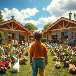 A surreal comedic scene featuring a young boy seen from the back, standing in front of two identical chalets that share a lush garden filled with a multitude of rabbits