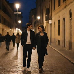 Update the image: the couple is now clad in trendy street fashion—hip, casual, and contemporary, reflective of popular Italian youth trends. The beautifully illuminated Italian night street scene persists, bathed in the warm glow from classical street lamps.