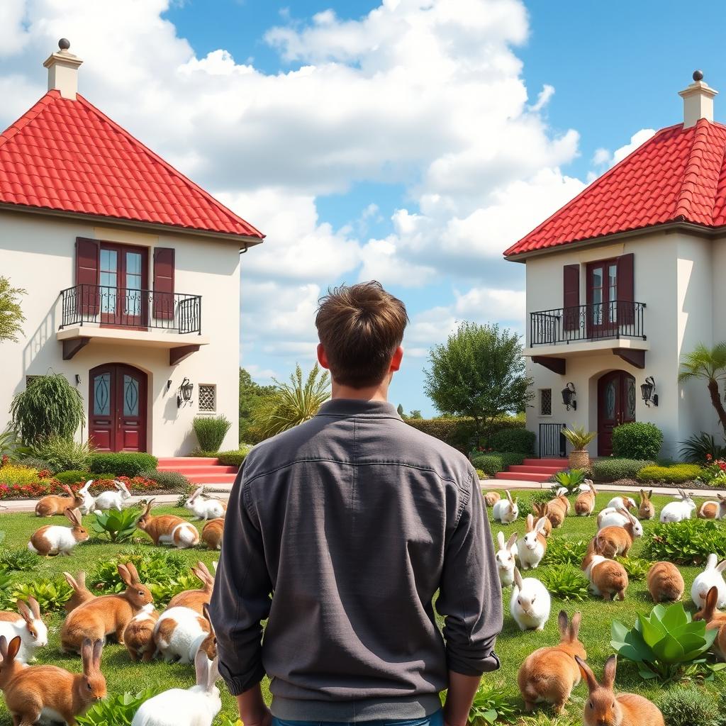 A young man standing with his back turned, gazing at two identical Spanish-style houses with red-tiled roofs