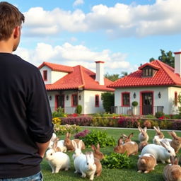 A young man standing with his back turned, gazing at two identical Spanish-style houses with red-tiled roofs