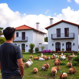 A young man standing with his back turned, gazing at two identical Spanish-style houses with red-tiled roofs