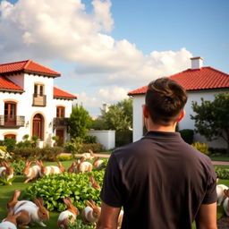 A young man standing with his back turned, gazing at two identical Spanish-style houses with red-tiled roofs