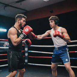 Ishowspeed, an athletic esports streamer, boxing with Kai Cenat, a comedic social media influencer, in a well-lit boxing ring. Both are equipped with professional boxing gear.