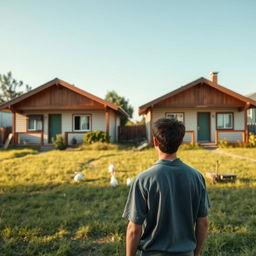 A young man with his back turned, standing in front of two identical chalets that share a lush garden filled with playful rabbits