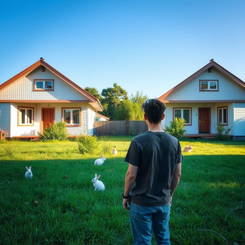 A young man with his back turned, standing in front of two identical chalets that share a lush garden filled with playful rabbits